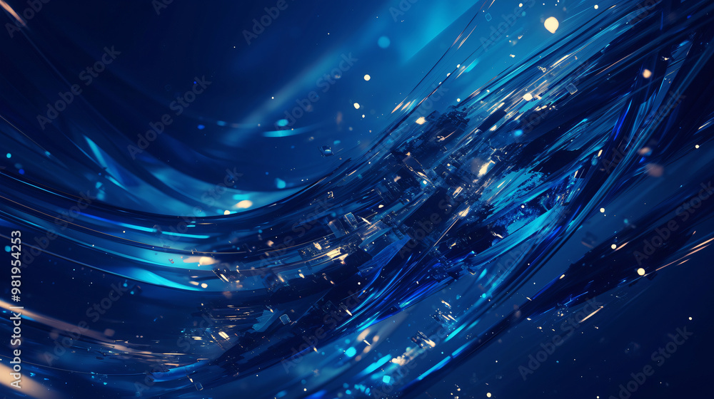 Poster a dynamic and fluid image of swirling blue waves with sparkling highlights, creating a sense of moti