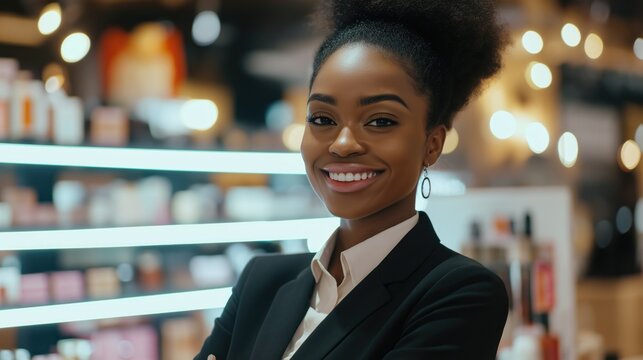 A young African-American woman works as a salesperson, warmly welcoming customers in an upscale cosmetics store filled with products
