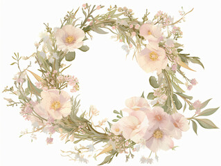 A delicate floral wreath composed of soft pastel-colored flowers and greenery, elegantly arranged to create a beautiful decorative frame for graphic resources.