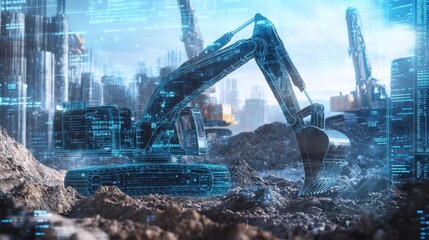 Futuristic hologram of an excavator at a construction site, showcasing innovation amidst blurred machinery