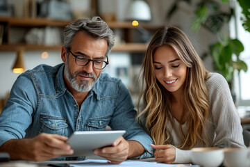 Fototapeta premium A man and woman look at a tablet together.