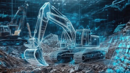 Futuristic hologram of an excavator at a construction site, showcasing tech and innovation amid blurred machinery