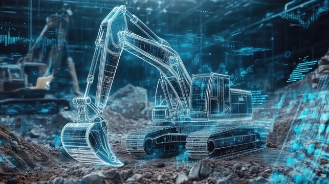 Futuristic hologram of an excavator at a construction site, showcasing tech and innovation amid blurred machinery - Powered by Adobe