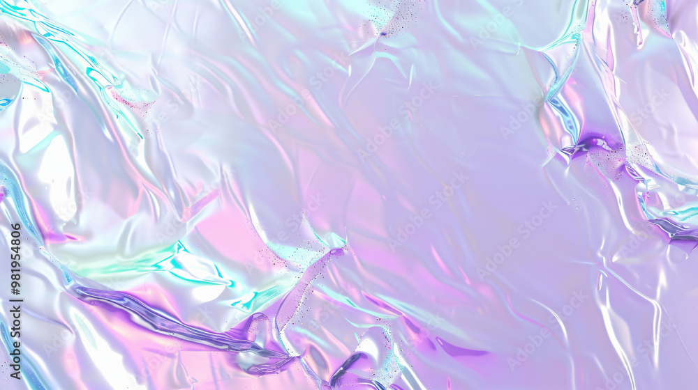 Poster a shiny, iridescent surface captures light in pastel hues, reflecting a dynamic and fluid texture th