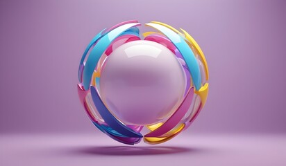 A elegant abstract futuristic spherical object with a smooth white, glossy surface in the center. Surrounding the sphere are dynamic curved, unicorn colour elements on a soft purple background.