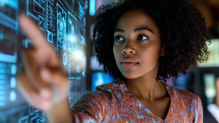 Young Female Tech Professional Analyzes Complex Data on Futuristic Transparent Display.