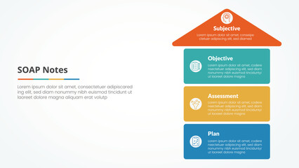 SOAP note infographic concept for slide presentation with arrow top direction and box stack structure with 4 point list with flat style