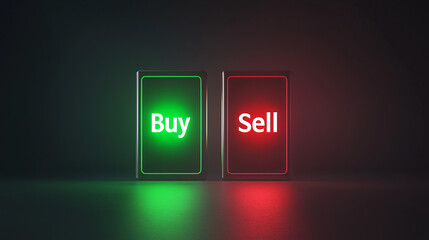 A 3D model of two clean rectangles, one labeled &ldquo;Buy&rdquo; and colored green, and the other labeled &ldquo;Sell&rdquo; and colored red, placed side by side on a smooth background. 