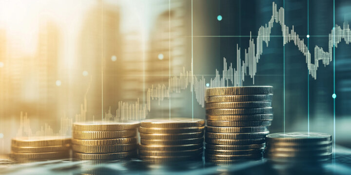 Investing in financial growth is represented by stacked coins and rising graph, symbolizing prosperity and economic success. image captures essence of wealth accumulation and market trends