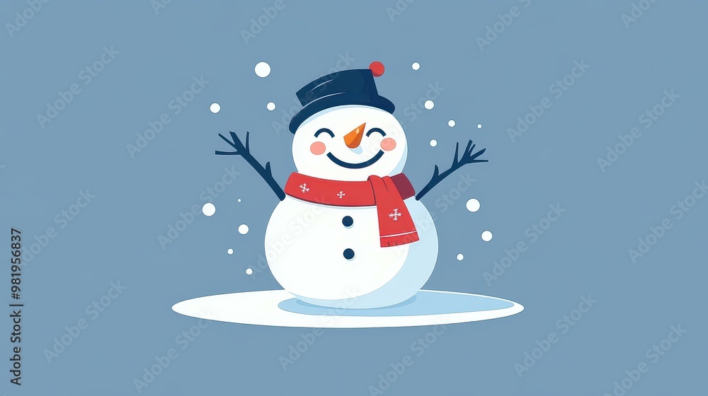 Poster Cheerful flat design of a snowman showing textured charm, joyfully dancing with closed eyes in a winter wonderland.