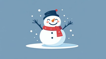 Cheerful flat design of a snowman showing textured charm, joyfully dancing with closed eyes in a winter wonderland.