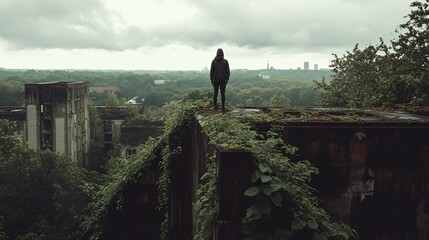 Lonely Figure on Rooftop Overlooking Overgrown Cityscape