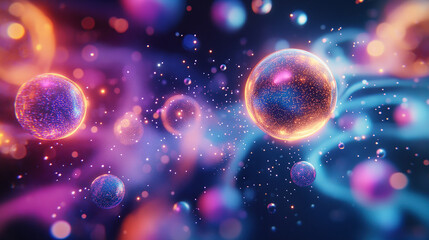 A digital art representation of quantum particles in the foreground, with glowing energy waves and abstract shapes surrounding them on an ethereal background