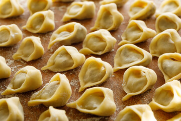 Homemade mushroom dumplings, uszka traditionally served with red borscht for Christmas Eve, close up view