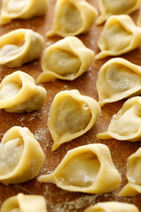 Raw homemade mushroom dumplings, uszka traditionally served with red borscht for Christmas Eve, close up view