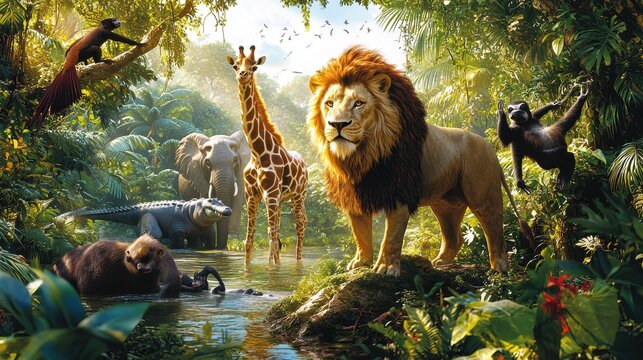 Fototapeta A vibrant jungle scene showcasing a lion, giraffe, elephant, and various animals gathered near a lush waterway during daylight hours