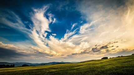 Fototapeta premium Un cielo dramático con nubes esparcidas iluminadas por la luz del atardecer, mostrando una paleta de colores intensos. Este paisaje natural evoca sentimientos de inmensidad y asombro.