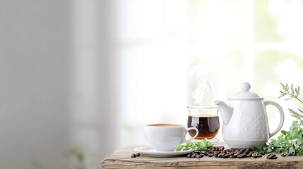 Obraz premium A beautifully arranged coffee and tea setup on a rustic wooden table, featuring a steaming cup of freshly brewed coffee beside an elegant ceramic teapot and delicate teacups. Fresh herbs and coffee