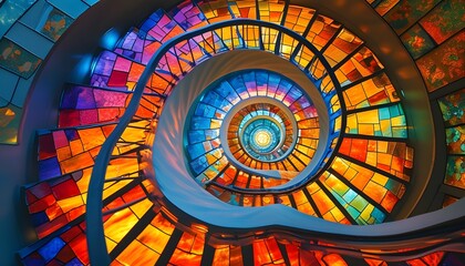 Mesmerizing vibrant spiral staircase of colorful stained glass radiating a stunning kaleidoscopic glow