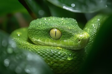 Fototapeta premium Green Tree Python Coiled Among Lush Greenery, A Symbol of the Chinese Zodiac for 2025