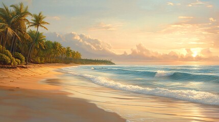 Tropical Beach Sunrise with Palm Trees and Waves