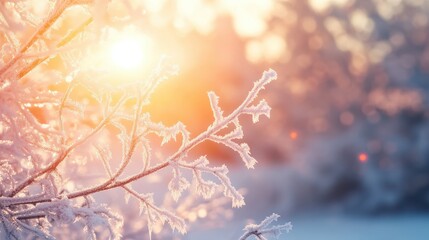 Branches in hoarfrost glisten in the sunlight. Winter landscape with sun flares