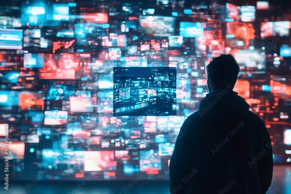 Poster a man stands in front of a wall of screens displaying a chaotic mix of digital information.