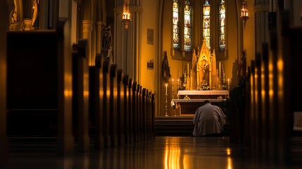 Persona rezando en una iglesia vacía frente a un altar iluminado por la suave luz de las velas durante el Día de Todos los Santos. La escena refleja un momento de profunda espiritualidad y devoción.