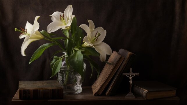 Un ramo de lirios blancos en un jarr&oacute;n junto a libros antiguos y un crucifijo en una mesa de madera, representando un ambiente devocional durante el D&iacute;a de Todos los Santos.