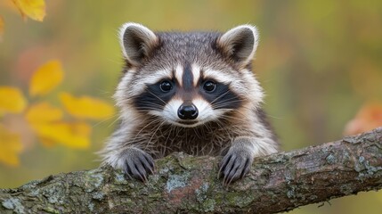 Curious raccoon perched on a branch amidst autumn foliage in a tranquil forest setting during a sunny afternoon