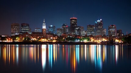 Vista nocturna de una ciudad con reflejos de luces en el agua durante el Día de Todos los Santos. Las luces de los edificios brillan intensamente sobre el río, creando una atmósfera tranquila y modern