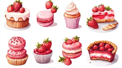 Vector illustration Cross stitch Sweet dessert set with strawberry cake,cupcake,macaroon,sweets pixel art set of icons,vintage, 8 bit, bakery menu,copy space.