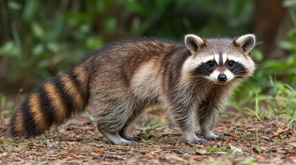 Fototapeta premium A curious raccoon exploring its natural habitat among greenery during daylight hours