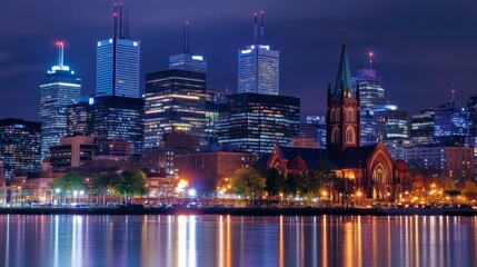 Una iglesia iluminada junto a un paisaje urbano nocturno reflejado en el agua durante el Día de Todos los Santos. Las luces de la ciudad y el templo simbolizan la mezcla entre lo moderno y lo espiritu