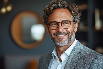 Smiling man with grey hair wearing glasses.