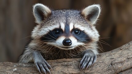 Obraz premium Raccoon peering curiously over a branch in a forest during a sunny afternoon