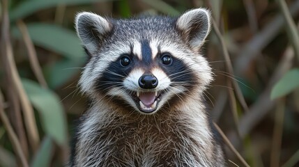 A playful raccoon smiles amidst lush greenery in a forest setting during a sunny afternoon