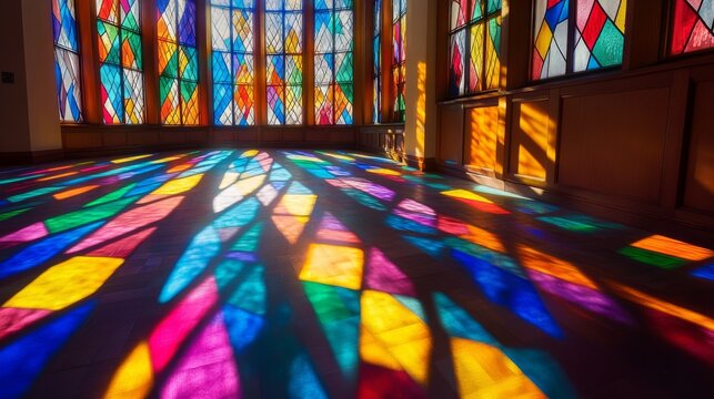 Rayos de luz multicolores iluminan el interior de una iglesia a trav&eacute;s de vitrales durante el D&iacute;a de Todos los Santos. La escena refleja una atm&oacute;sfera m&iacute;stica y devocional.