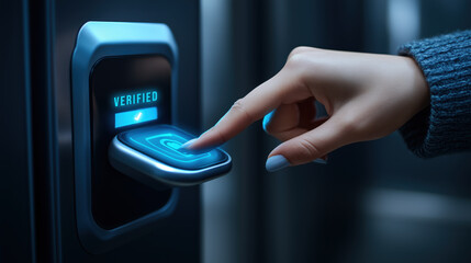 A hand using finger to touch digital door scanner for verification