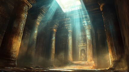 Sunbeams illuminate the interior of a lost golden city temple, revealing ancient treasures and artifacts amidst a mystical atmosphere. 