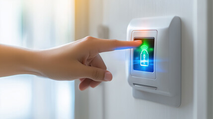 A hand using finger to touch digital door scanner, showcasing modern technology