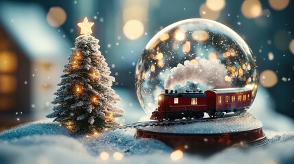 Closeup of a holographic snow globe, featuring a snowy landscape and a moving train circling around a glittering Christmas tree.