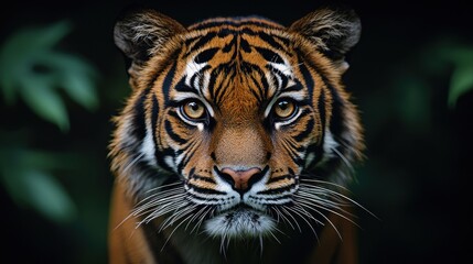 Fototapeta premium Close-up of a majestic tiger gazing directly at the viewer, set against a dark, lush jungle background during twilight hours