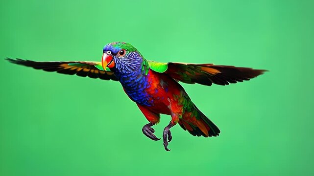Colorful rainbow lorikeet parrot with vivid colors is flapping its wings and flying. It is isolated on a green screen chromakey background
