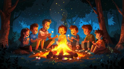 Cartoon vector Family gathered around a campfire at dusk, roasting marshmallows and sharing stories, with a forest in the background