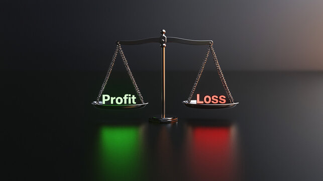 A 3D model of a minimalist balance scale with "Profit" in green on one side and "Loss" in red on the other. The scale is placed on a smooth, neutral surface with soft, even lighting to highlight 