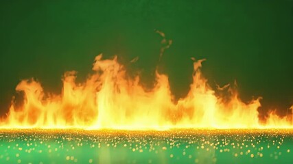 Fiery wall burning against green screen backdrop, perfect for film projects. Intense flames with vibrant colors for special effects