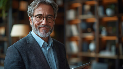 Fototapeta premium Smiling businessman holding tablet in office.