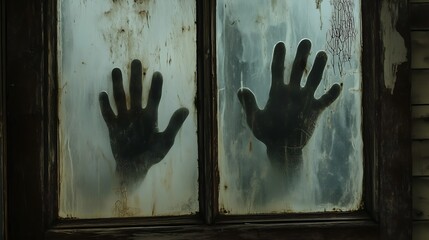 Shadowy Hands Pressed Against Dirty Glass