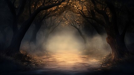 Mysterious Foggy Forest Path Illuminated by Golden Light